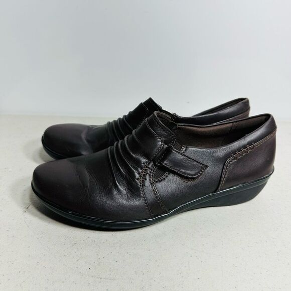 Clarks Everlay Coda Dark Brown Leather Ruched Slip On Shoes Sz 7 - Picture 4 of 7